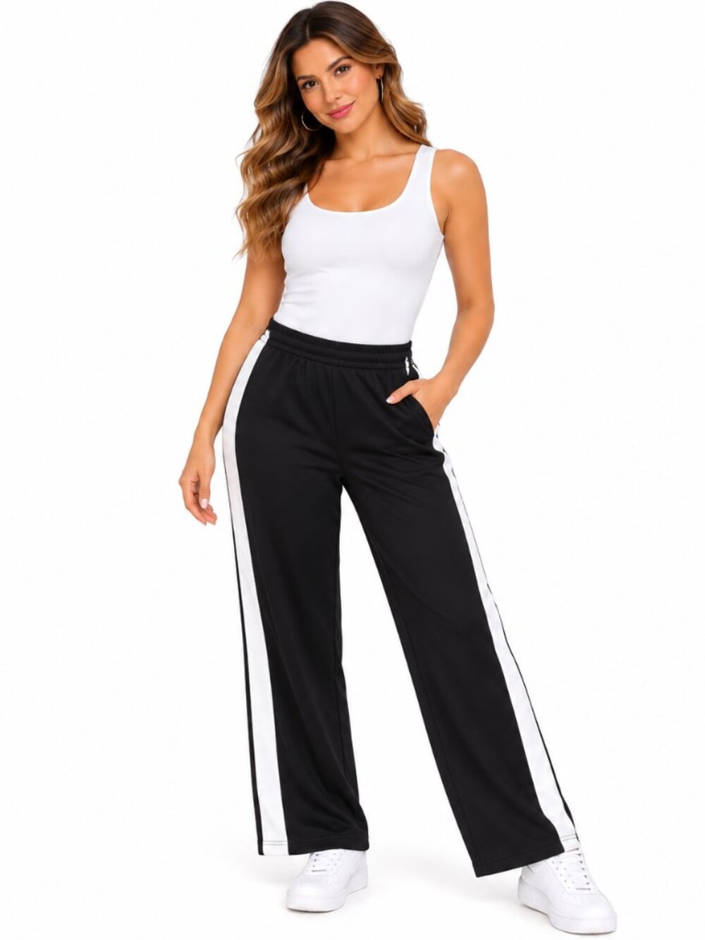 Lady Foot Locker Women’s Black White Track Pants Size L Side Stripe Athletic